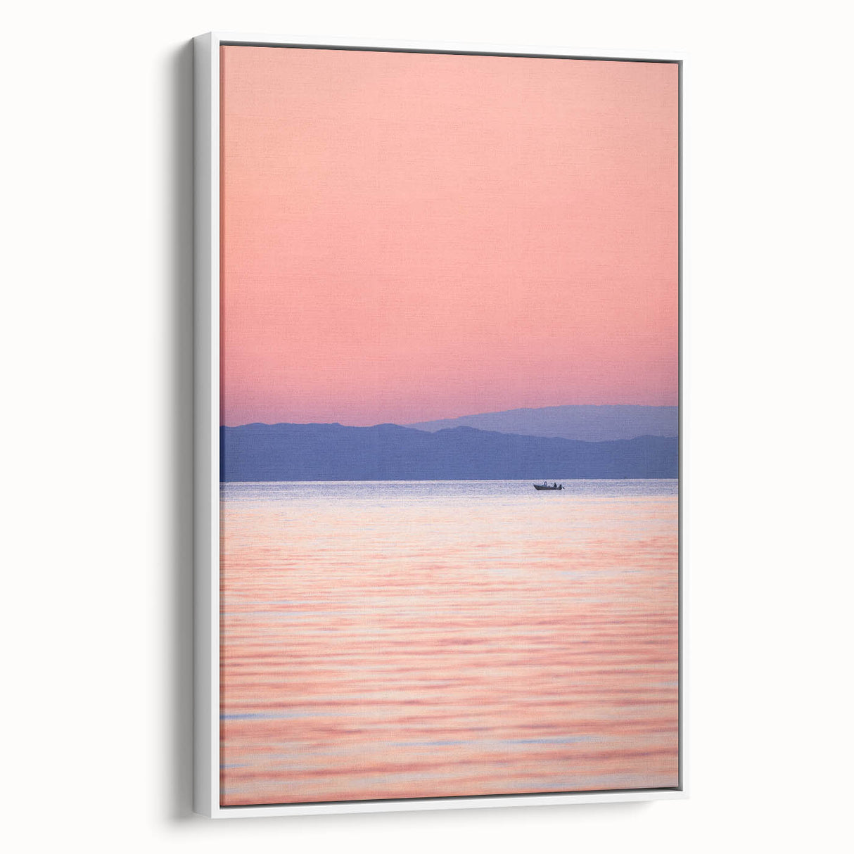 Vintage poster art of Lake Michigan with a colorful palette, displayed in a large white-framed canvas.