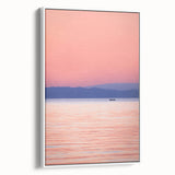 Vintage poster art of Lake Michigan with a colorful palette, displayed in a large white-framed canvas.