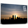 Acrylic print of Indianapolis skyline in muted blue and gray tones, suitable for dining room art.