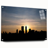 Acrylic print of Indianapolis skyline in muted blue and gray tones, suitable for dining room art.