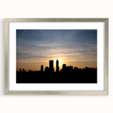 Textured art print of Indianapolis skyline, using abstract gray and blue tones on a framed silver mat.