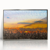 Mid-century modernist art depicting the Indiana landscape in muted earth tones on a silver-framed acrylic print.