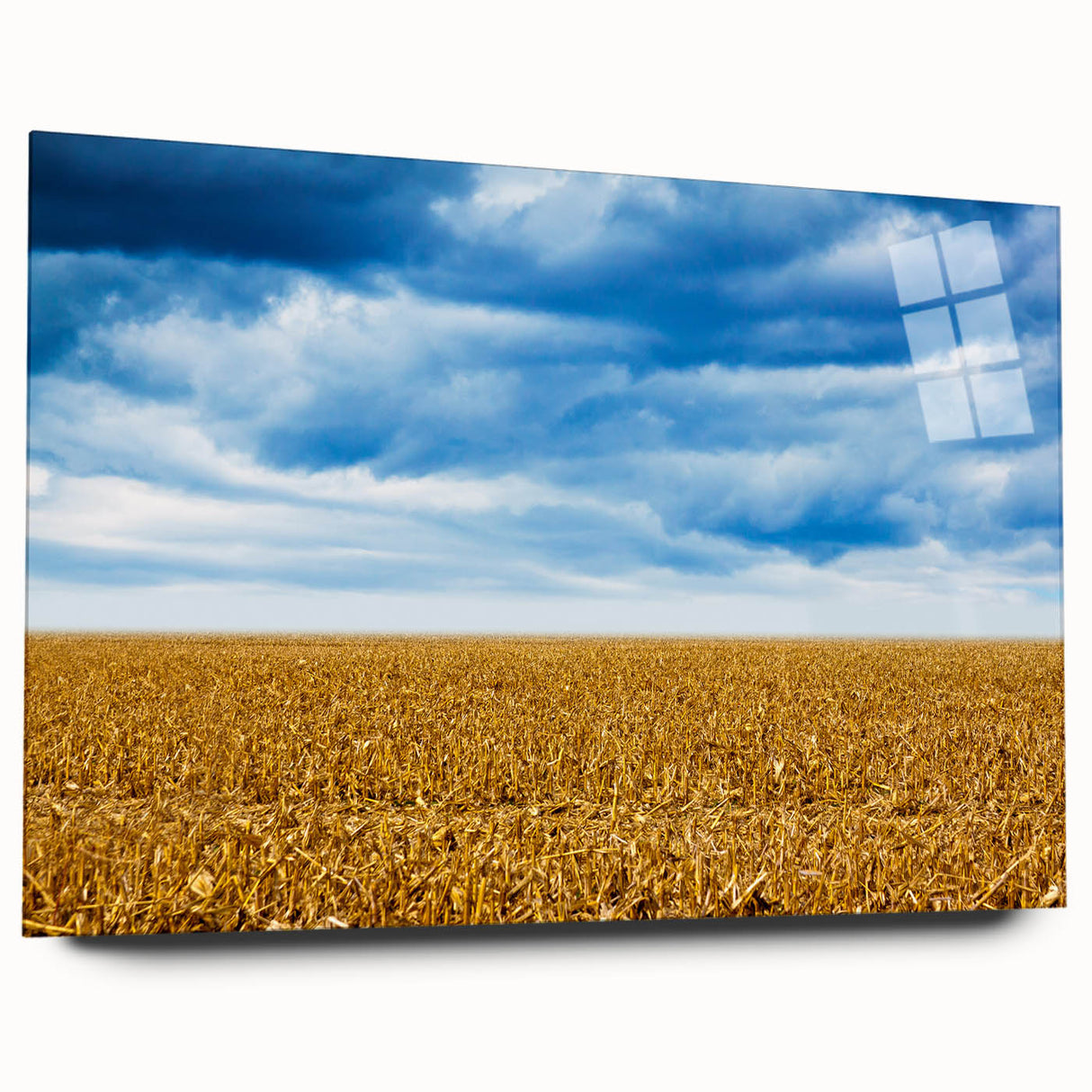Large abstract wall art of Iowa scenery in muted earth tones on acrylic glass, suitable for bedroom or dining room decor.