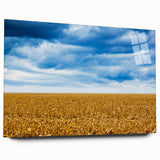 Large abstract wall art of Iowa scenery in muted earth tones on acrylic glass, suitable for bedroom or dining room decor.