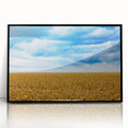 Large abstract wall art depicting Iowa scenery in muted earth tones on a framed acrylic, ideal for modern living room decor.