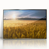 Mid-century modernist art of Kansas scenery in muted earth tones on a framed acrylic, suitable for modern art wall decor.