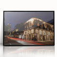 Large abstract wall art depicting a stylized New Orleans skyline in muted gray and blue tones on a framed acrylic.