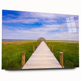 Large abstract wall art of Louisiana scenery in muted blue and green on acrylic glass.