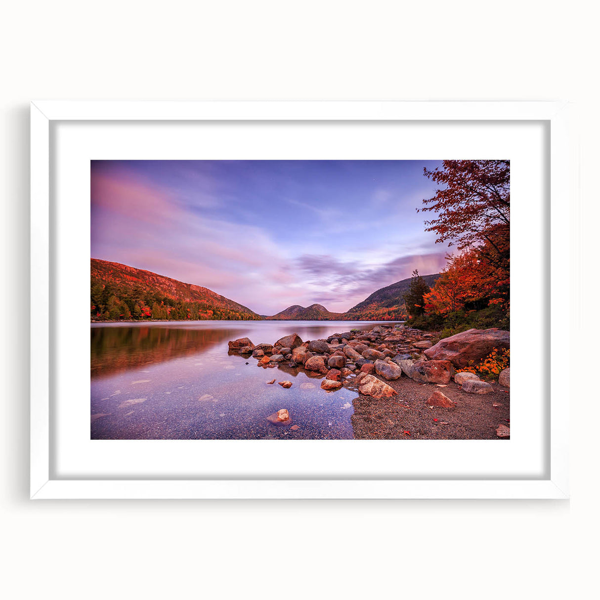 Abstract art print of Acadia, Maine, featuring soft blue and green shades on a white-framed mat.