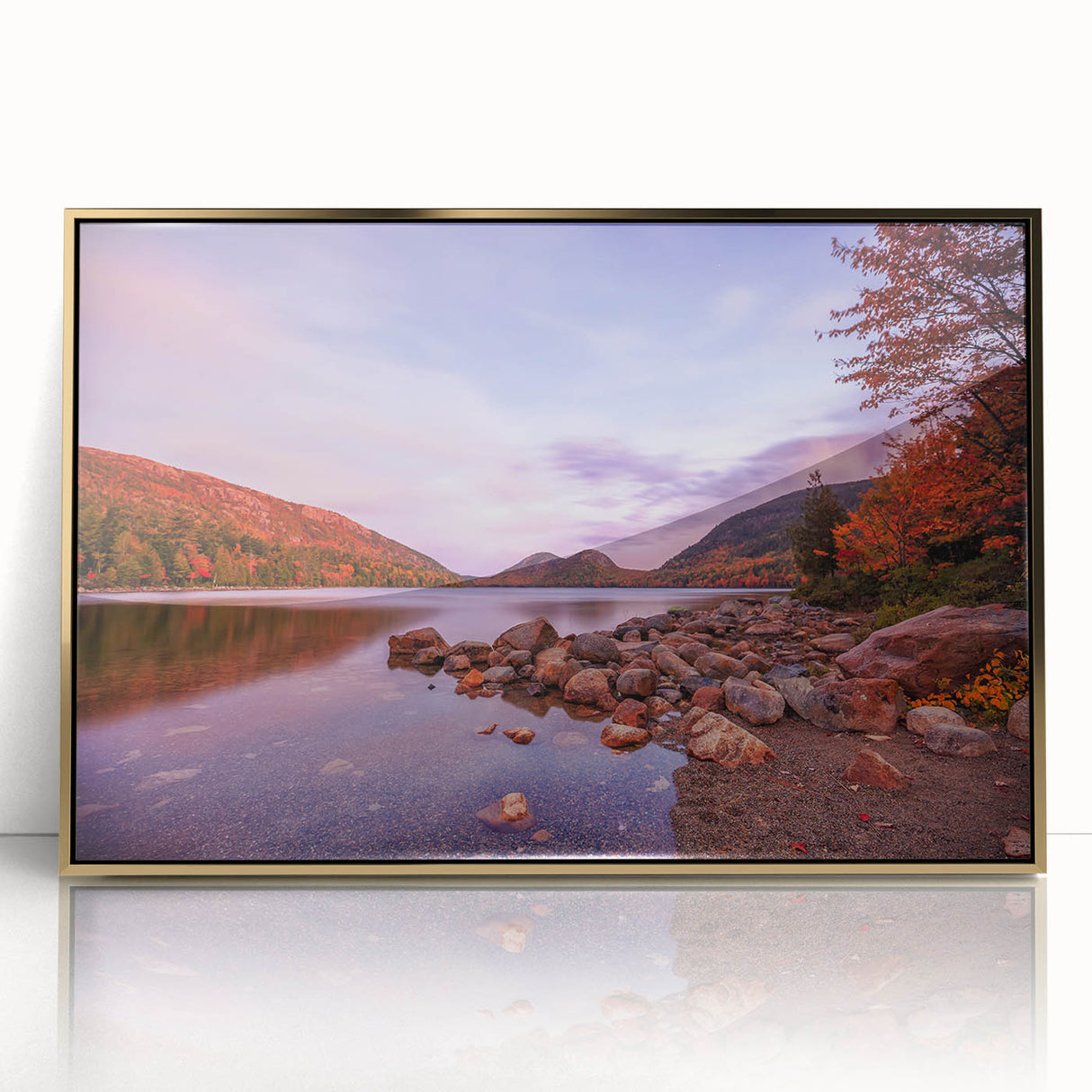 Acadia National Park landscape in muted earth tones on a gold-framed acrylic, suitable for modern art wall decor.