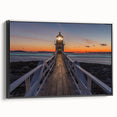 Black and white framed canvas featuring a serene Maine landscape, ideal for bedroom wall decor.