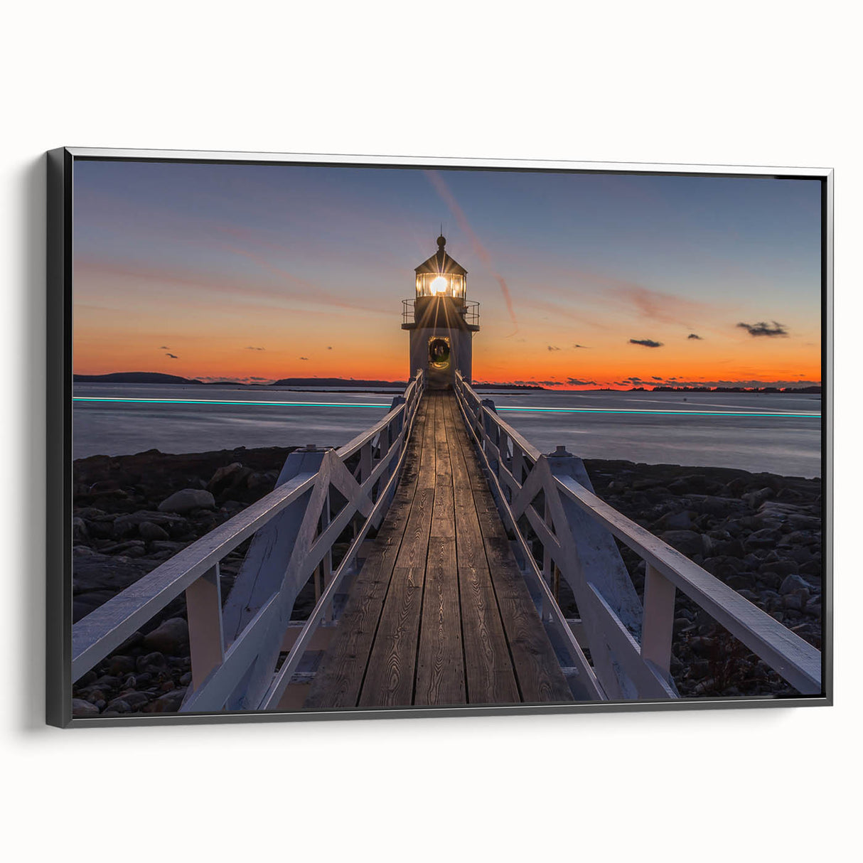 Black and white framed canvas featuring a serene Maine landscape, ideal for bedroom wall decor.