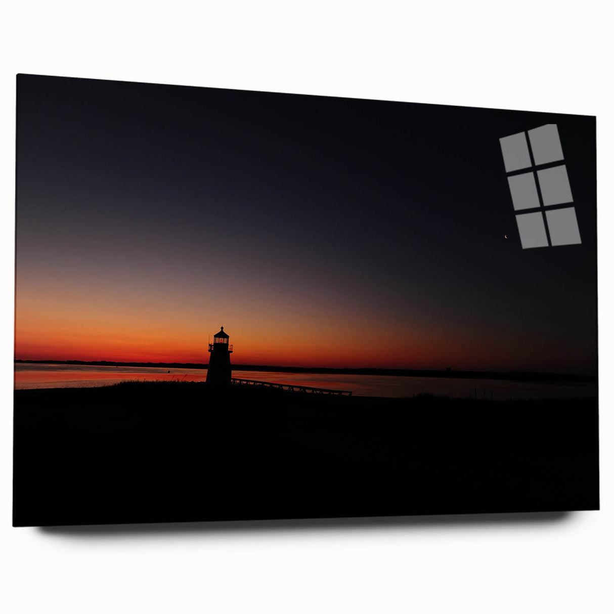 Large abstract wall art of a Massachusetts, Nantucket scenery in muted blue and gray tones on acrylic glass.