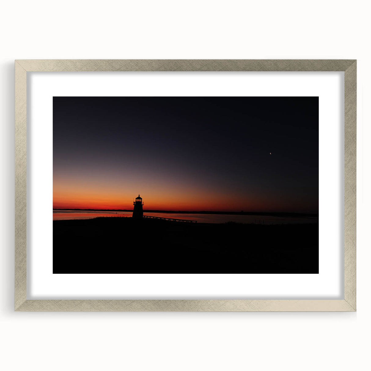Textured abstract art print of a Massachusetts Nantucket scenery in muted blue and gray, framed in silver.