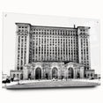 Acrylic print of a large abstract Detroit skyline in muted shades of blue and gray.