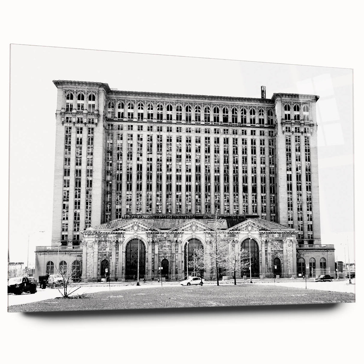 Large abstract depiction of Detroit skyline in muted blue tones on acrylic glass, suitable for bedroom or dining room art.