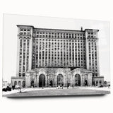 Large abstract depiction of Detroit skyline in muted blue tones on acrylic glass, suitable for bedroom or dining room art.