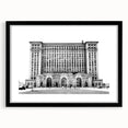 Colorful abstract art print of Detroit skyline in vibrant hues on a large framed canvas, ideal for living room decor.