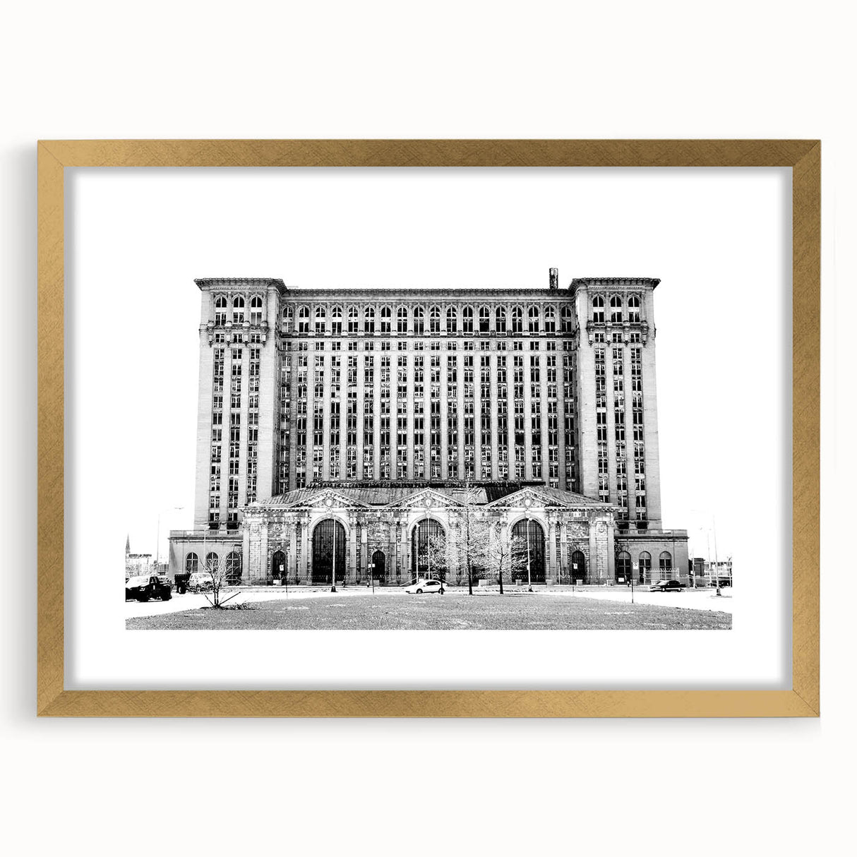 Extra large abstract art print of Detroit skyline in textured gold frame, ideal for living room decor.