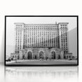 Large abstract wall art depicting Detroit skyline in muted gray and blue tones, framed acrylic.