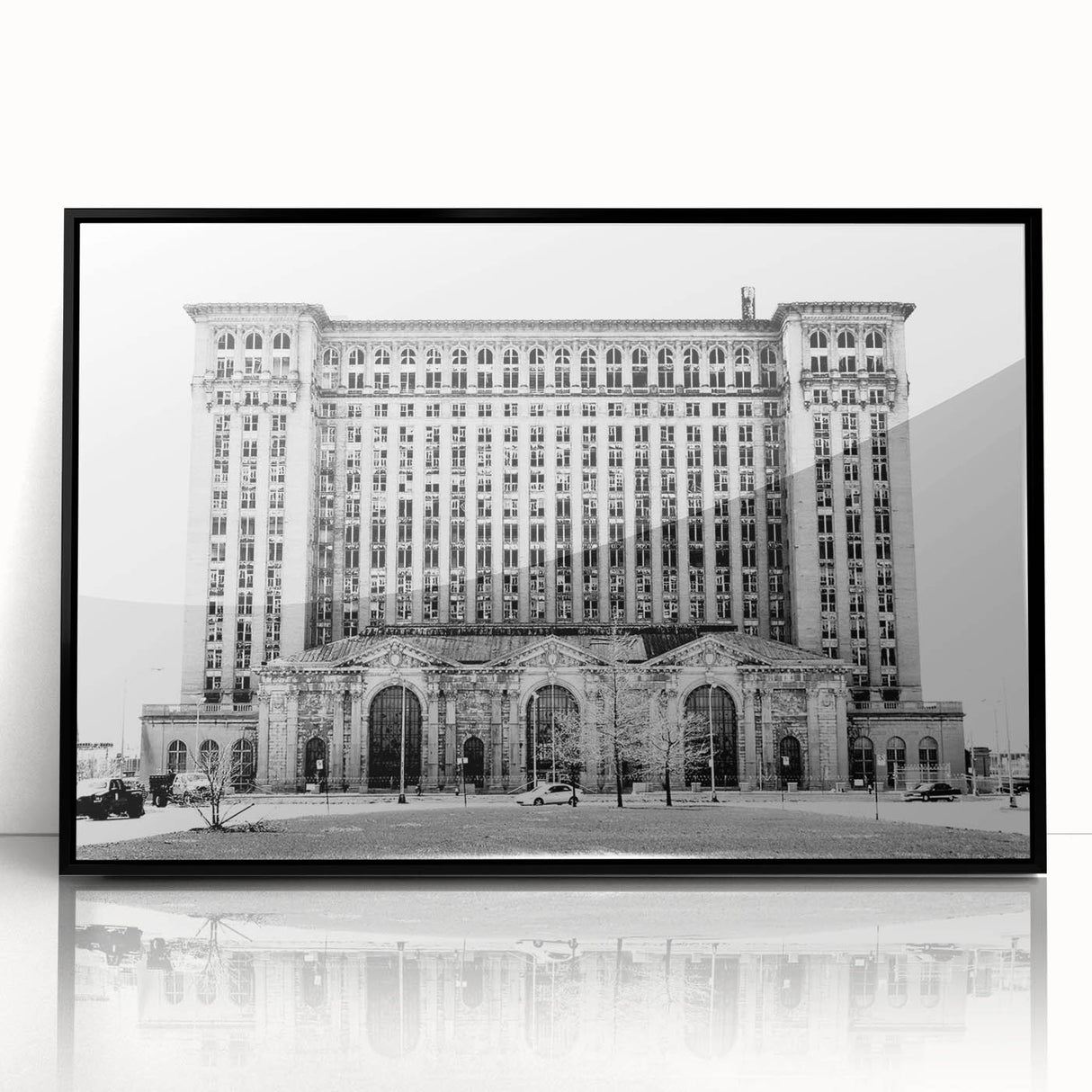 Large abstract wall art depicting Detroit skyline in muted gray and blue tones, framed acrylic.