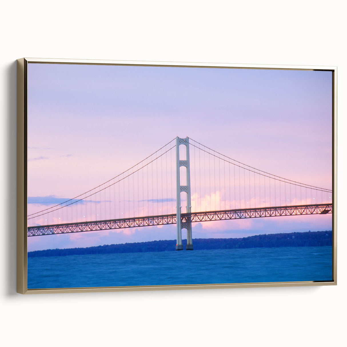 Framed canvas wall art of a vintage-style Michigan Upper Peninsula landscape in muted earth tones, ideal for bedroom decor.