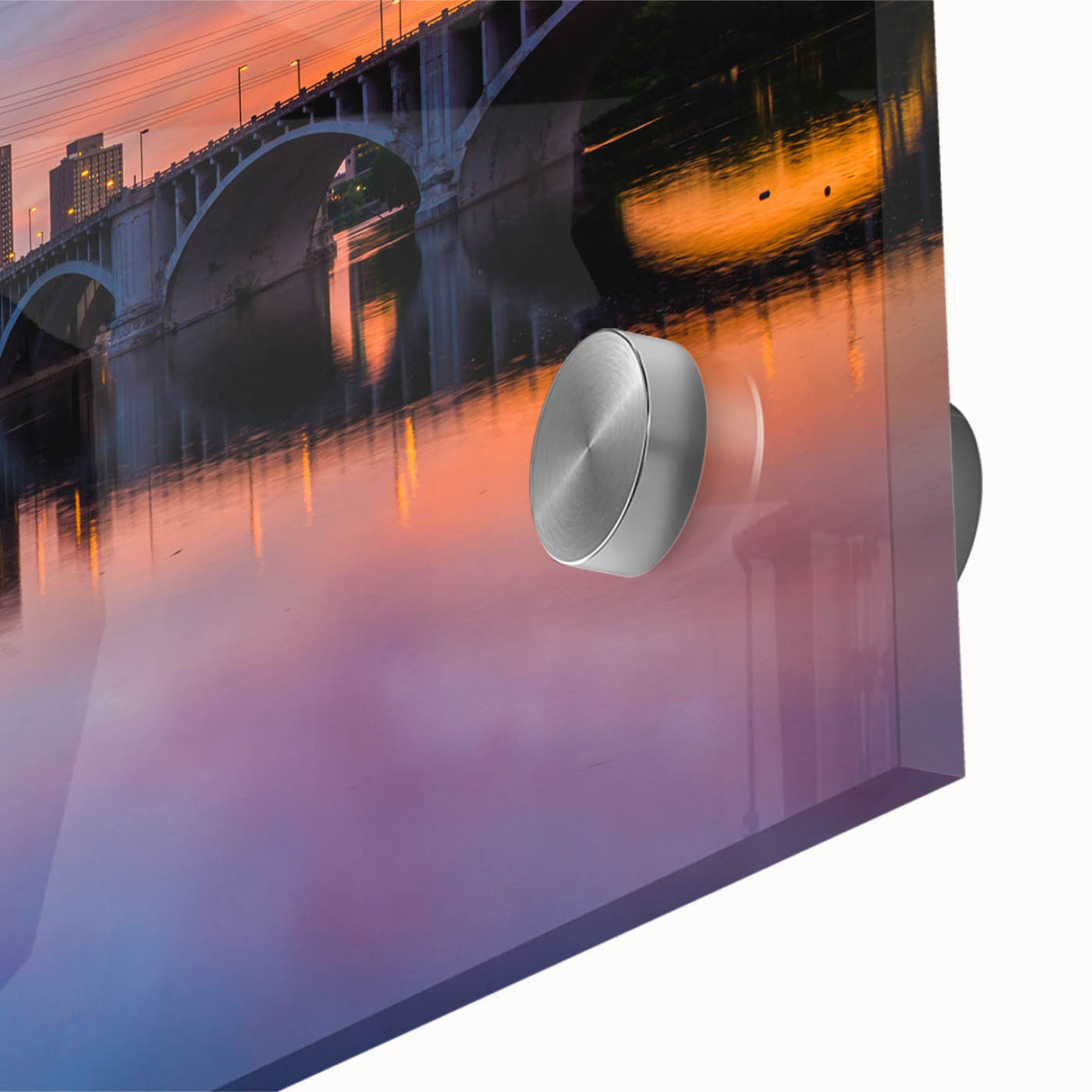 Acrylic print of a large abstract depiction of Minneapolis with mid-century modernist influences in cool blue tones.