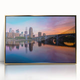 Framed acrylic print of Minneapolis skyline in muted gold and gray tones, suitable for modern art wall decor.