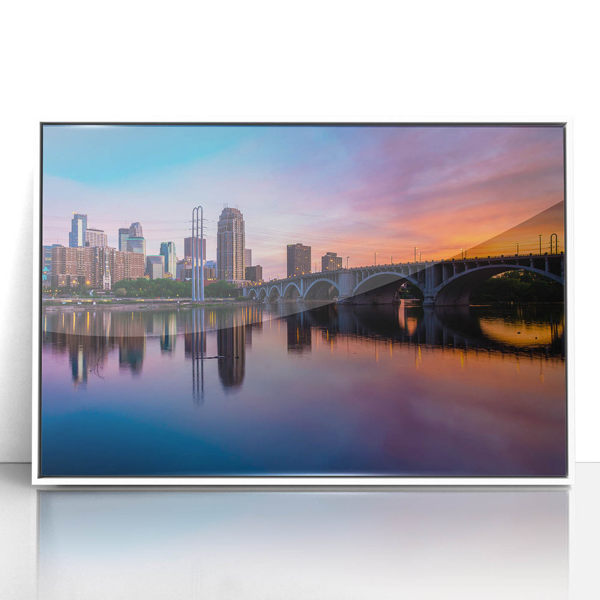 Acrylic print of Minneapolis skyline in art deco style with pastel shades, ideal for modern nursery wall art.