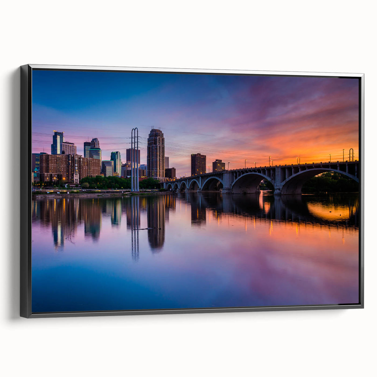 Black and white framed canvas of Minneapolis landscape, in vintage poster style, ideal for bedroom wall decor.