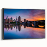 Black and white framed canvas of Minneapolis landscape, in vintage poster style, ideal for bedroom wall decor.