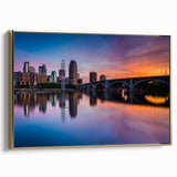 Framed canvas of Minneapolis landscape in vintage poster style with black and gold tones, ideal for bedroom wall art.