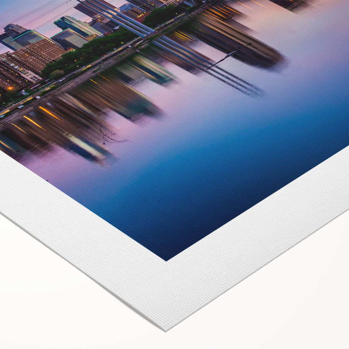 Art deco poster of Minneapolis skyline in muted gray and blue tones on rolled canvas, suitable for dining room wall art.