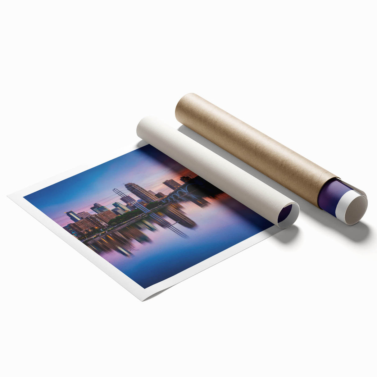 Extra large rolled print of Minneapolis skyline with muted blue and gray tones, ideal for classy bathroom wall art.