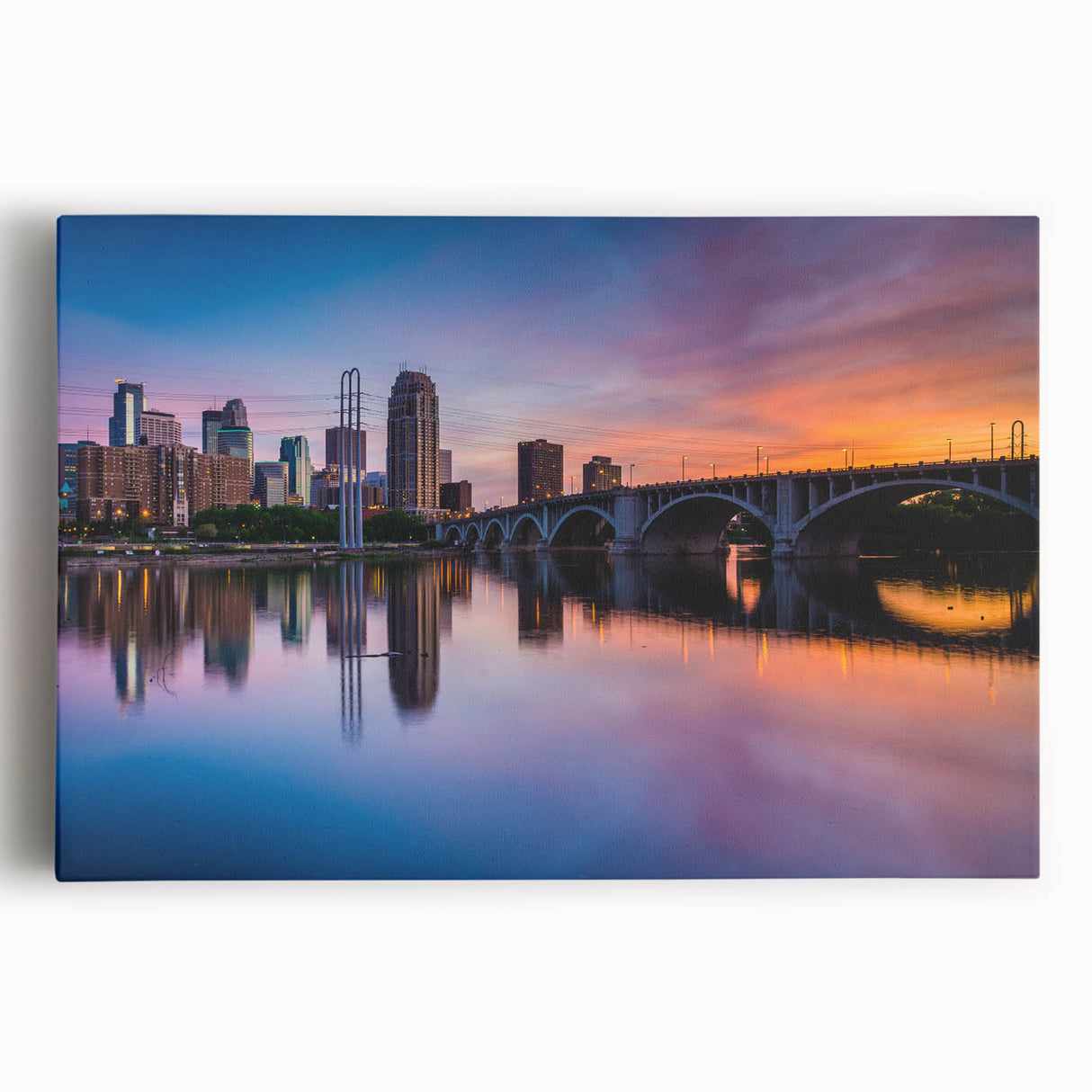 Black and white photograph of Minneapolis skyline on large stretched canvas, suitable for kitchen wall art.