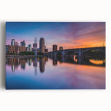 Black and white photograph of Minneapolis skyline on large stretched canvas, suitable for kitchen wall art.
