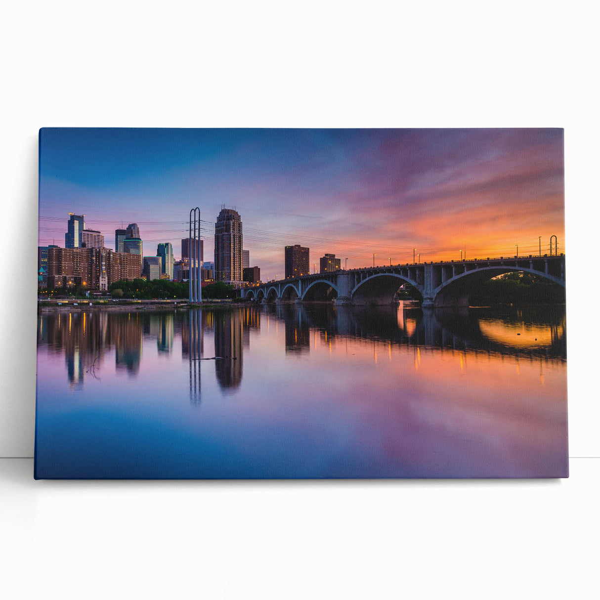 Black and white stretched canvas featuring the Minneapolis skyline, ideal for kitchen wall art or bedroom ambiance.