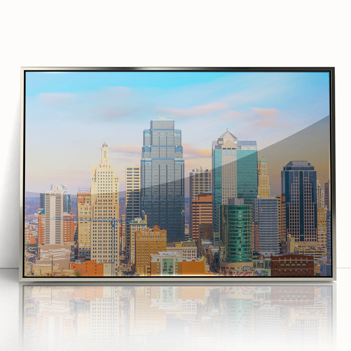 Mid-century modernist art of Kansas City skyline in muted blue tones, framed acrylic print.