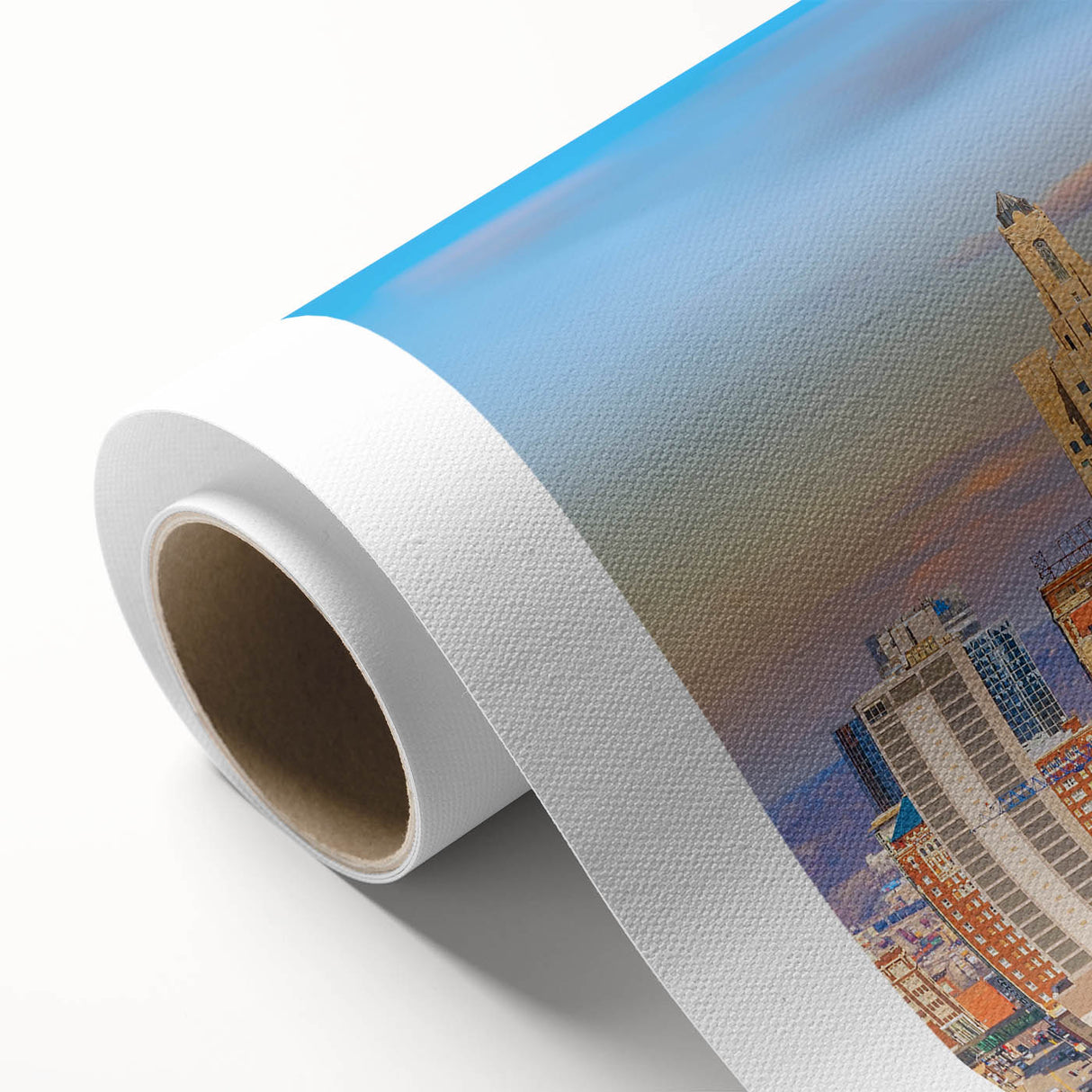 Art deco poster of Kansas City skyline in pastel shades on rolled canvas, ideal for nursery wall art.