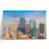 Black and white photo of Kansas City skyline on large stretched canvas, suitable for kitchen wall art.
