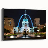 Black and white framed canvas of St. Louis skyline, suited for bedroom wall decor, featuring vintage poster style.