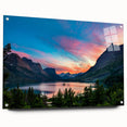 Acrylic print of a large abstract depiction of Glacier National Park in muted earth tones.