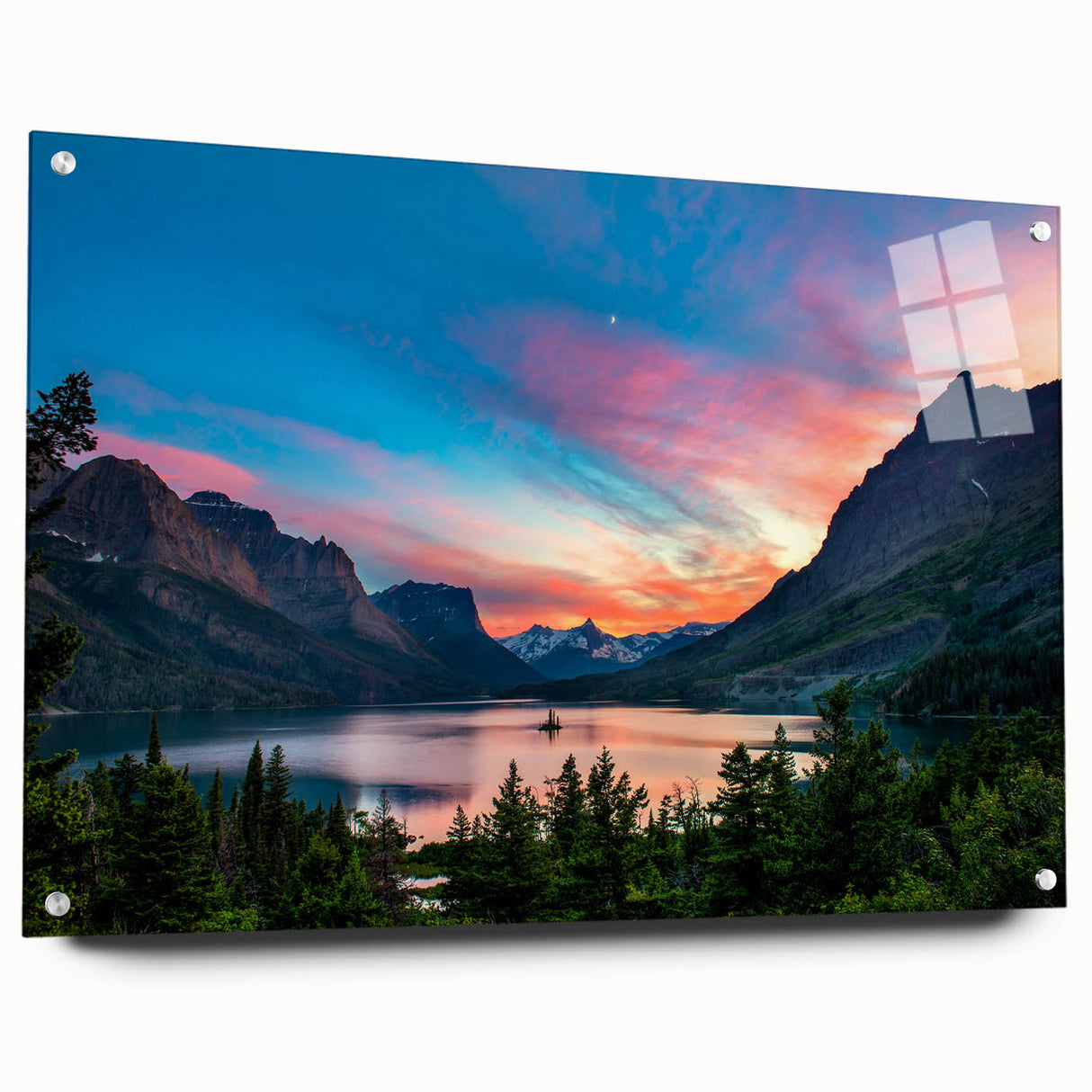 Acrylic print of a large abstract depiction of Glacier National Park in muted earth tones.