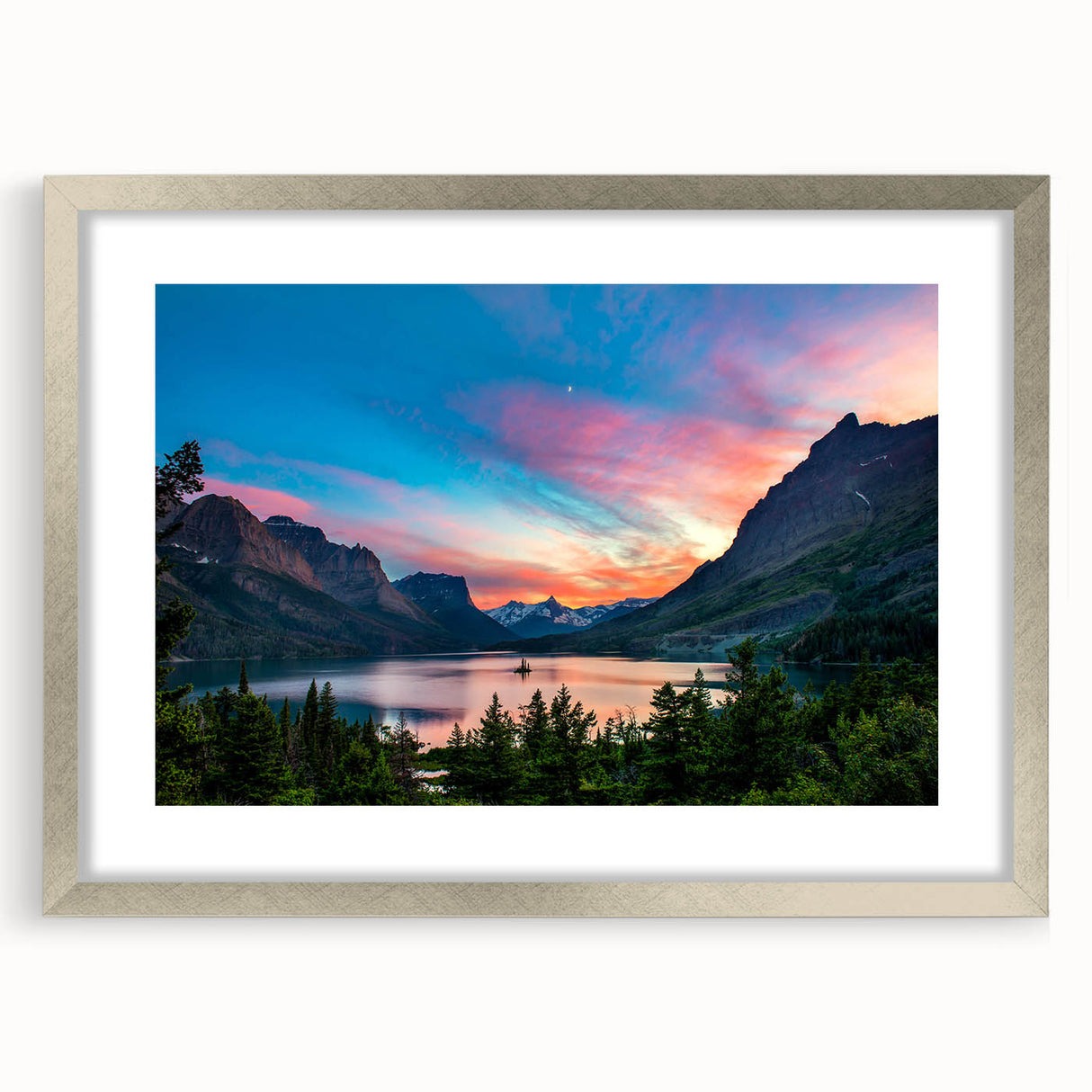 Textured art print of Glacier National Park in muted earth tones on a framed canvas, suitable for bedroom decor.