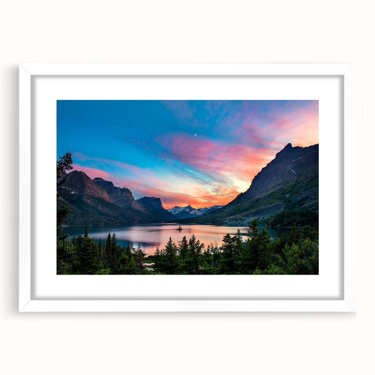 Abstract art print featuring serene Montana Glacier landscape in soft blue and white tones, framed with a white mat.