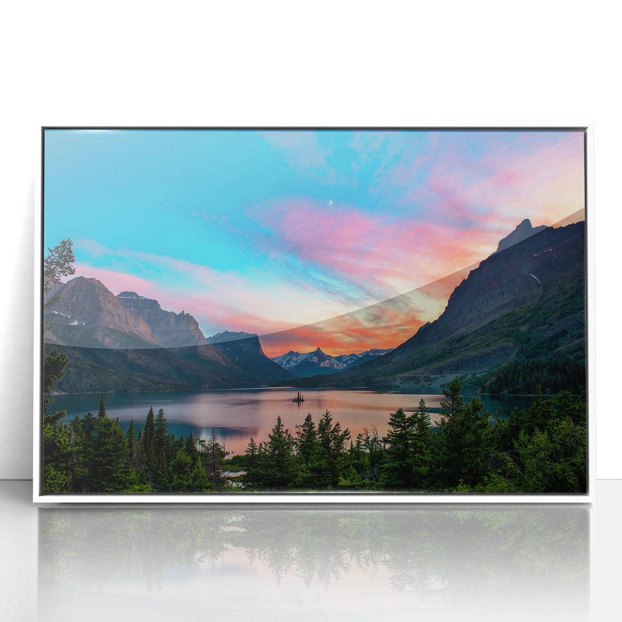 Acrylic print of Glacier National Park with muted green and blue tones in an art deco style, ideal for modern art wall decor.