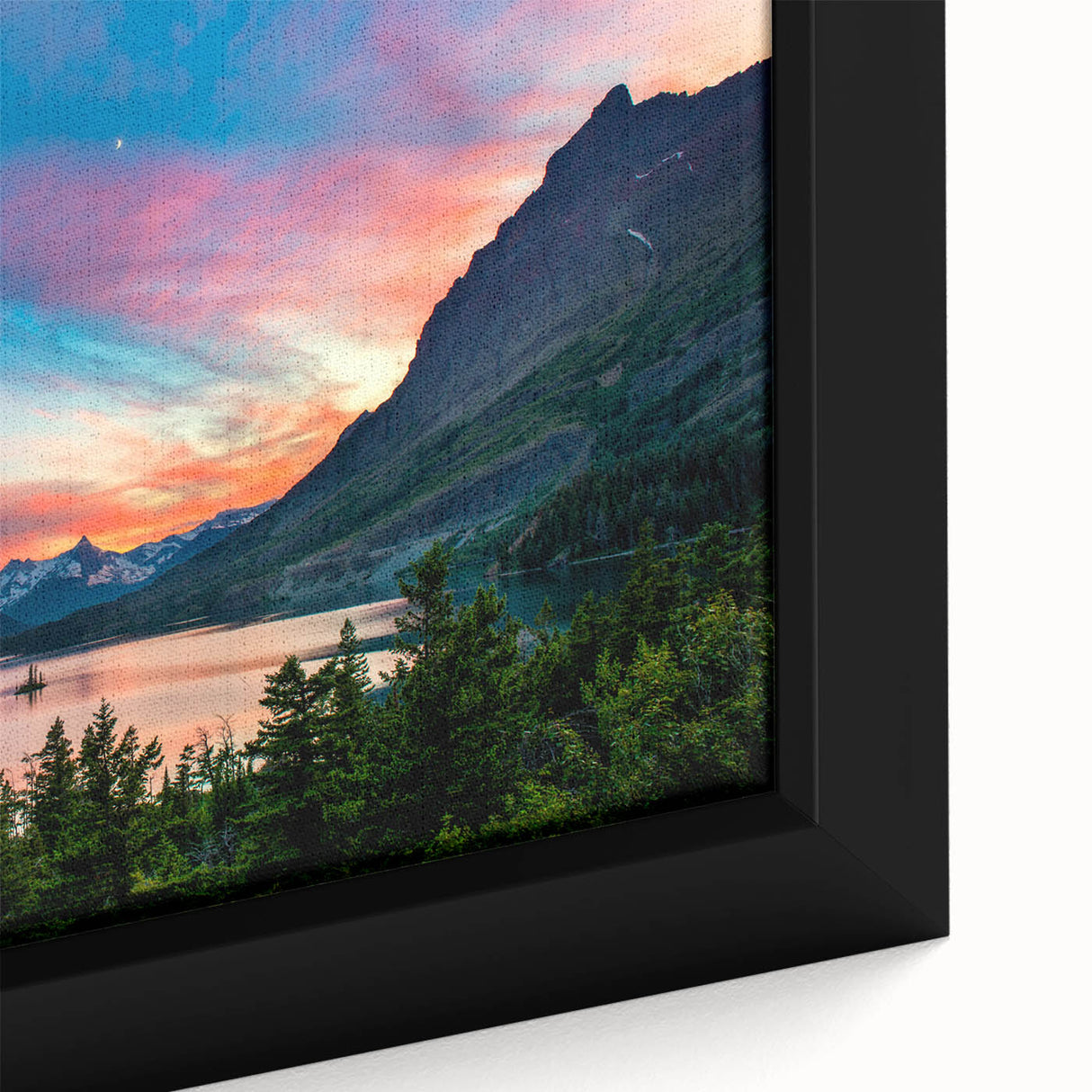 Black wall art featuring a textured depiction of Montana's Glacier scenery on a framed canvas, using colorful art tones.