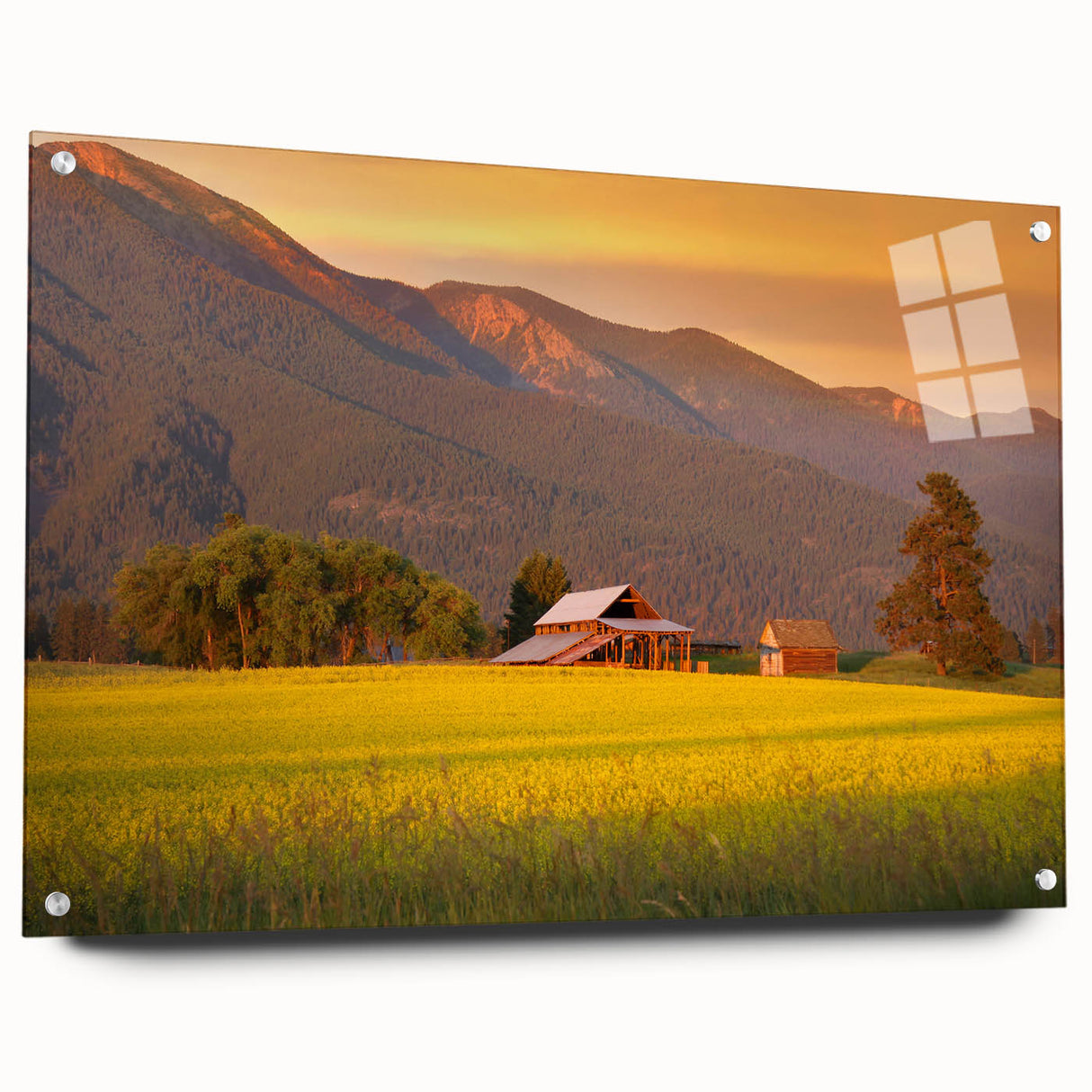 Large abstract wall art depicting a Montana landscape in muted earth tones on acrylic glass.