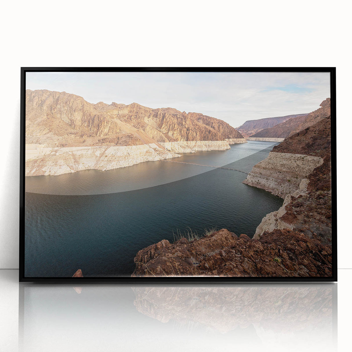 Large abstract wall art depicting Hoover Dam in muted gray and blue tones on a framed acrylic.