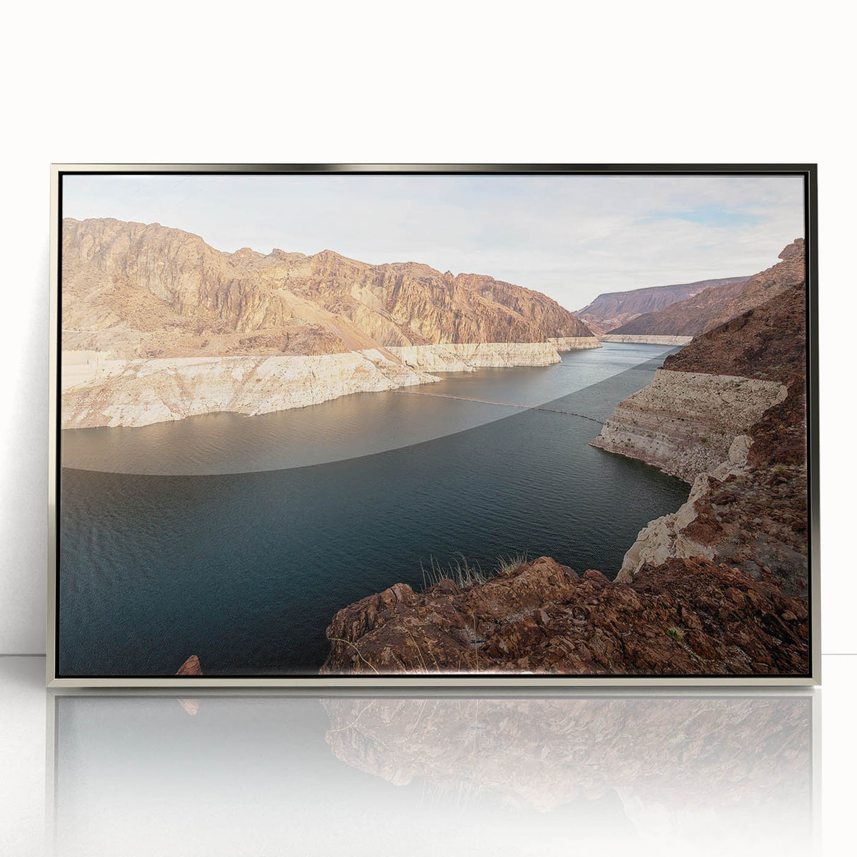 Mid-century modernist art of Hoover Dam in muted earth tones on a framed acrylic, suitable for modern art wall decor.